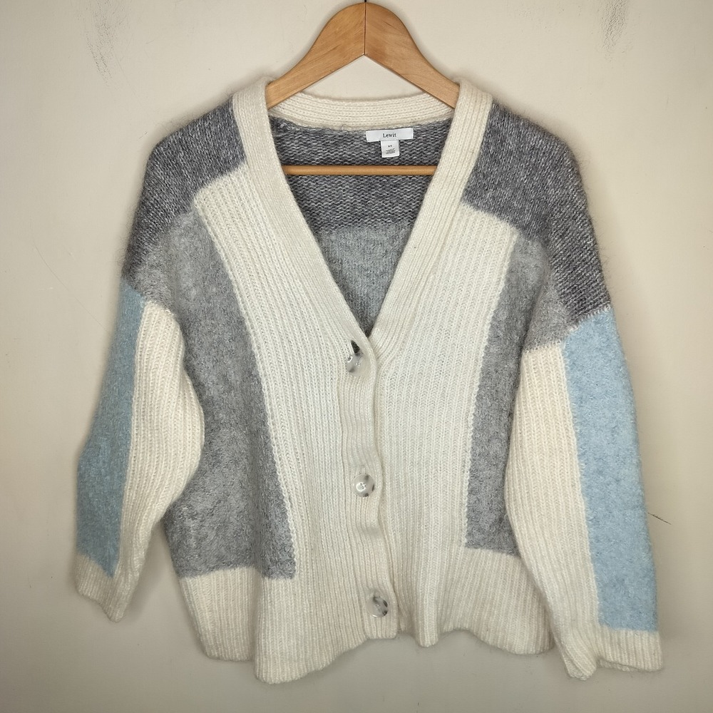 Lewit Cardigan Sweater Mohair Angora Wool Colorblock V Neck‎